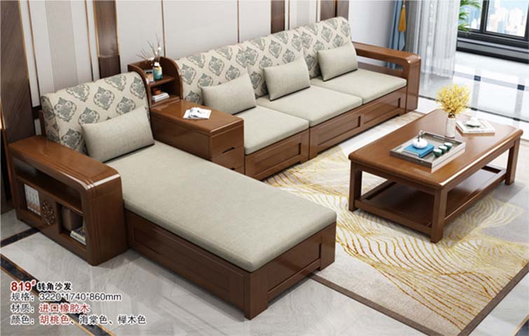 L-Shaped Solid Wood Storage Sectional Sofa with Integrated Side Table