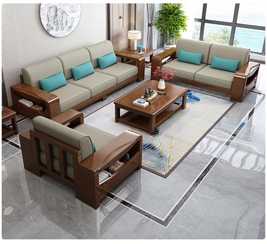 Solid Wood Frame Fabric Upholstered 6-Seat Living Room Sofa Set with Coffee Table