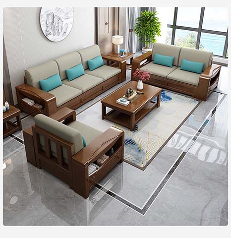 Walnut-Tone Solid Wood Upholstered Living Room Sofa Set with Storage Armrests and Matching Tables