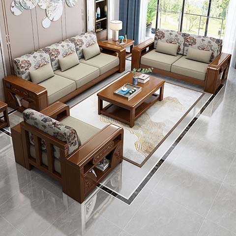 New Chinese Style Solid Wood Fabric 1+2+3 Seater Living Room Sofa Set with Matching Rectangular Coffee Table and Side End Table