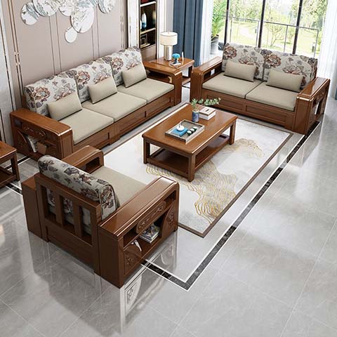 Solid Wood Frame Upholstered Living Room Sofa Set with Storage
