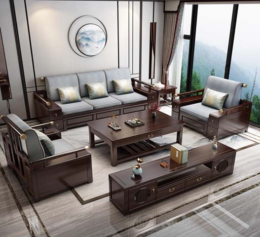 New Chinese Style Solid Wood Upholstered 1+1+3 Living Room Sofa Set with Coffee Table and TV Console
