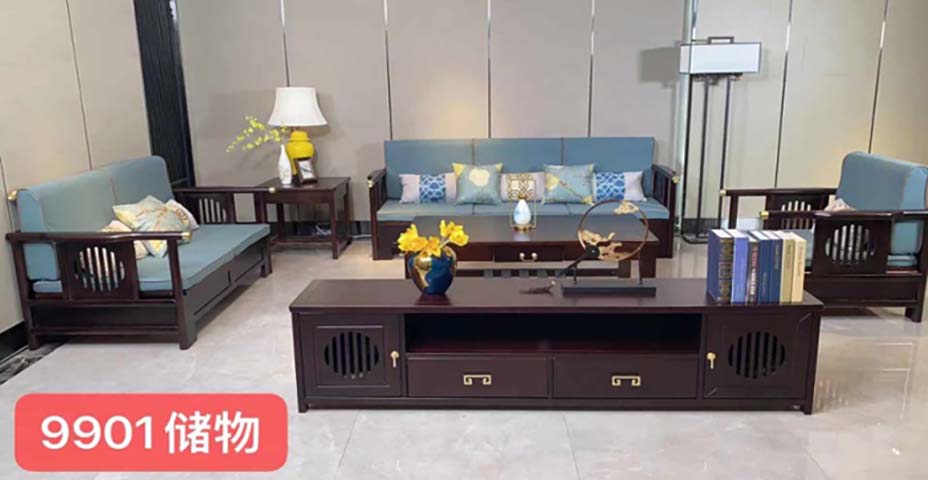 New Chinese Style Dark Walnut TV Media Console with Slatted Doors and Brass Hardware