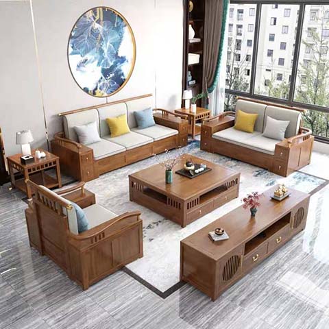 New Chinese Style Walnut Finish Solid Wood U-Shape Living Room Sofa Set with Storage