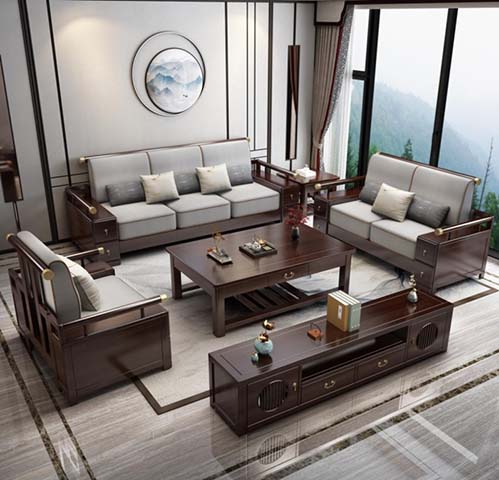 Chinese New Style Solid Wood Fabric Living Room Sofa Set (1+2+3 Seating with Coffee Table and TV Console)