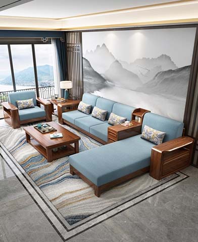 New Chinese Style Solid Wood L-Shaped Living Room Sofa Set with Matching Tables