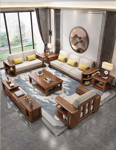 New Chinese Style Walnut Finish Solid Wood Living Room Sofa Set with Coffee Table, Side Tables and TV Console