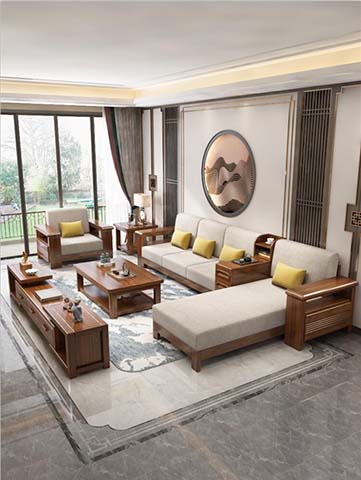 New Chinese Style Walnut-Tone Solid Wood L-Shaped Sectional Living Room Set