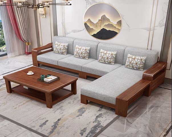 L-Shaped Solid Wood Frame Fabric Sectional Sofa with Matching Coffee Table Set