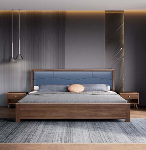 Walnut Frame Blue Upholstered Headboard Platform Bed with Matching Nightstands
