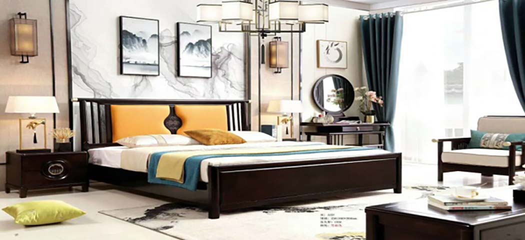 New Chinese Style Dark Solid Wood Upholstered King Size Bed