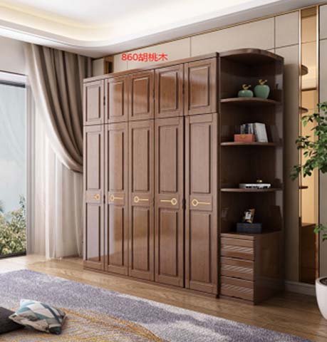 Walnut 5-Door Wardrobe Armoire with Integrated Open Shelving and Drawer Tower