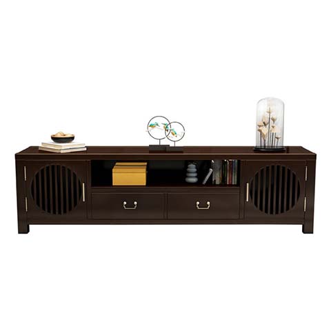 Dark Espresso New Chinese Style TV Media Console with Circular Grille Doors