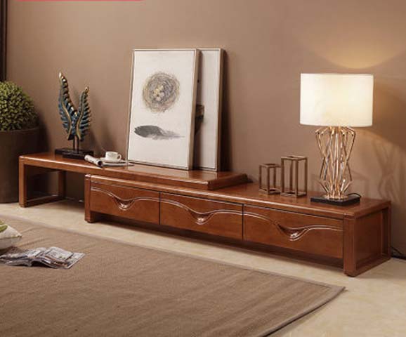 Walnut Brown Extendable TV Media Console with 3 Wave-Carved Drawers