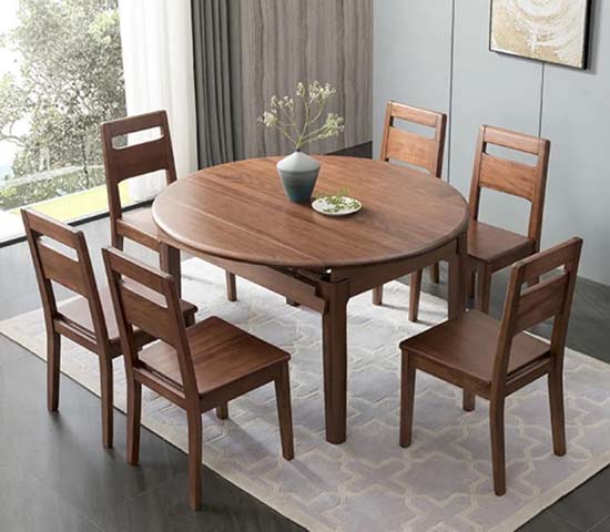 Extendable Round Walnut-Finish Solid Wood Dining Set with 6 Chairs