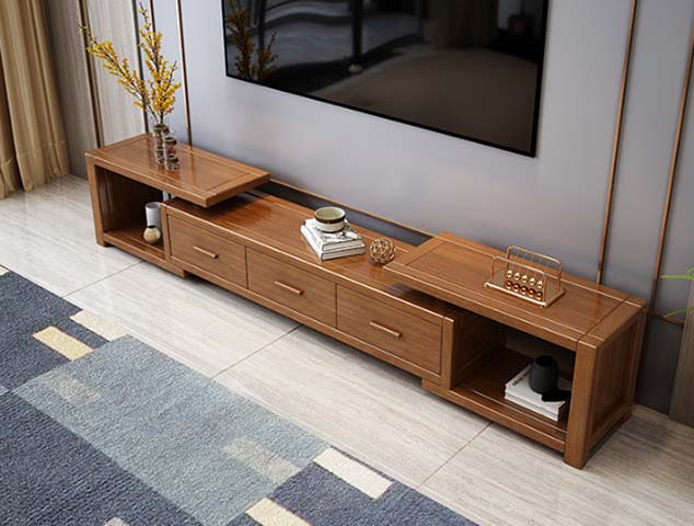 Walnut Brown Extendable TV Media Console with 3 Central Drawers and Dual Open End Shelves