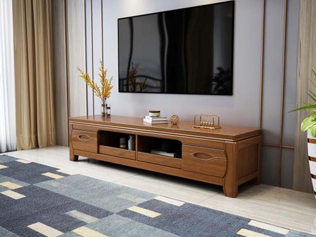 Walnut Solid Wood Low TV Media Console with Open Storage and Drawers