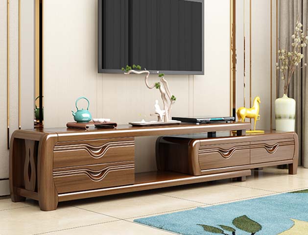 Walnut Finish Extendable Solid Wood TV Media Console with Wave Carved Drawers