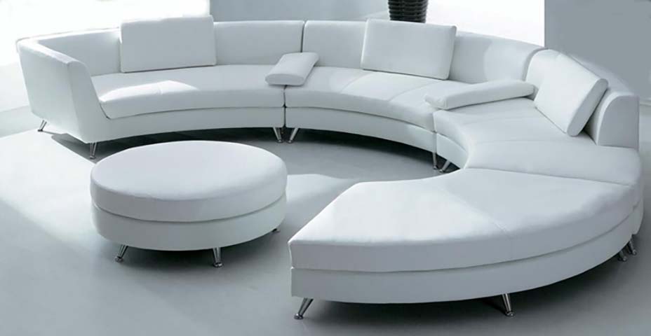 White C-Shaped Modular Curved Sectional Sofa Set With Matching Round Ottoman