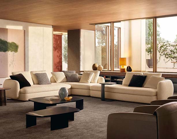 Off-White Textured Fabric L-Shaped Modular Sectional Sofa with Rounded Arms