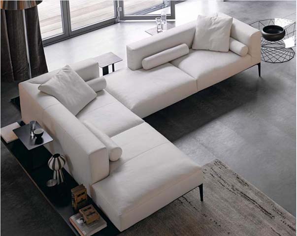 Minimalist White L-Shaped Sectional Sofa with Integrated Side Shelf