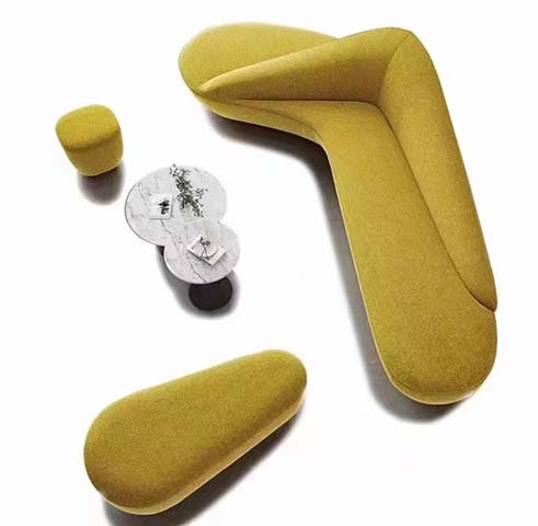Mustard Yellow Freeform Modular Sectional Lounge Set with Cloud Marble Coffee Table