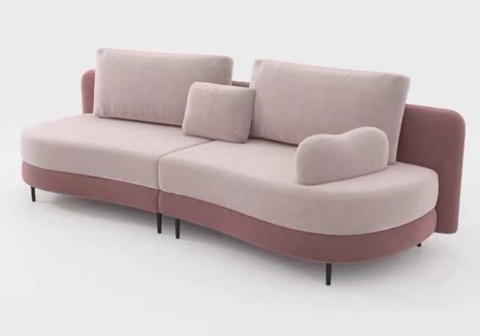 Two-Tone Blush Velvet Asymmetrical Curved 3-Seat Sofa