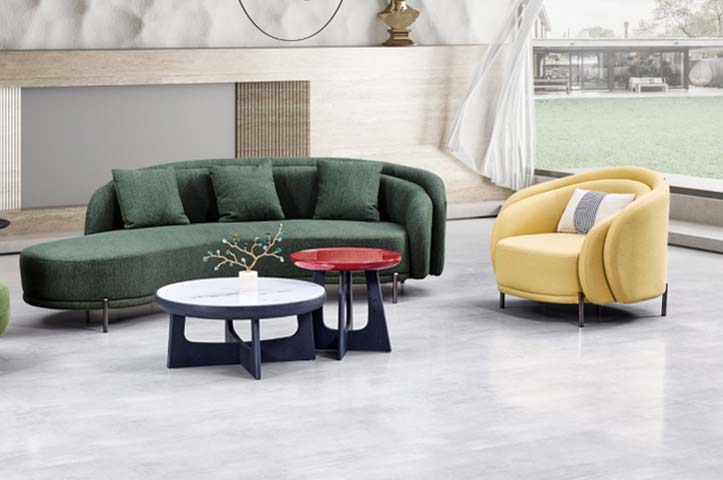Modern Curved Left-Chaise Sectional Sofa 3-Piece Living Room Set with Barrel Accent Chair and Nesting Coffee Tables