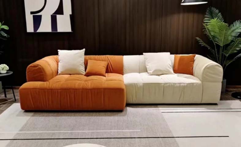 Two-Tone Orange and Cream L-Shaped Sectional Sofa with Left Chaise