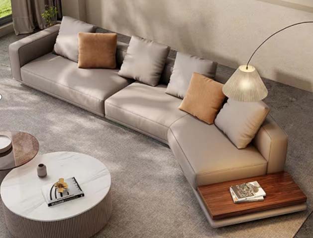 Light Taupe Right-Chaise L-Shaped Sectional Sofa with Integrated Wood Side Shelf