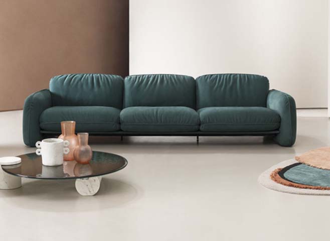 Teal Upholstered Three-Seater Sofa with Rounded Padded Arms