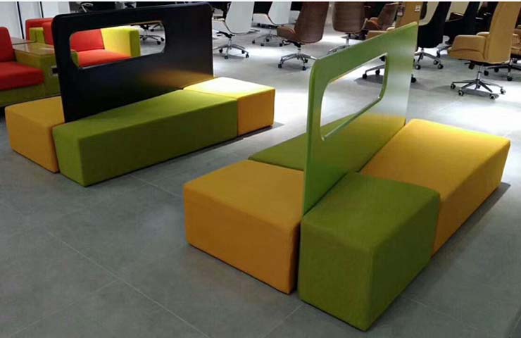 Modular Upholstered Banquette Seating with Decorative Divider Panels