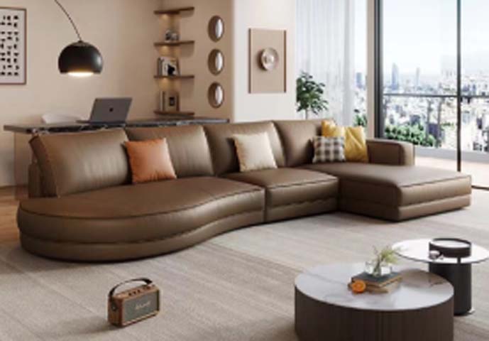 Curved L-Shaped Warm Brown Faux Leather Modular Sectional Sofa with Right Chaise