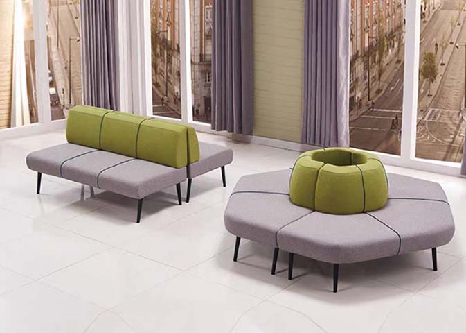 Two-Tone Modular Office Public Lounge Seating Set with Circular Cluster and Linear Bench