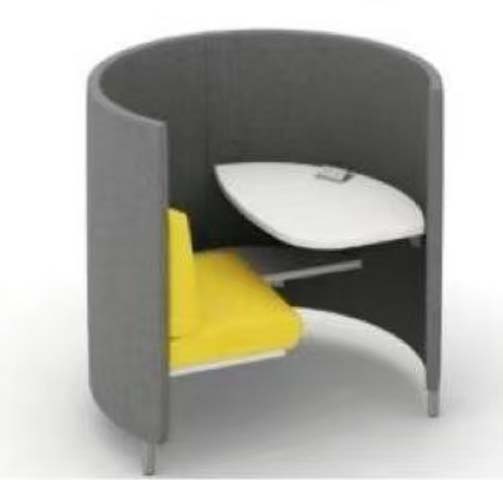 Semi-Open Cylindrical Single-Occupant Acoustic Privacy Meeting Booth with Integrated Seat and Worksurface