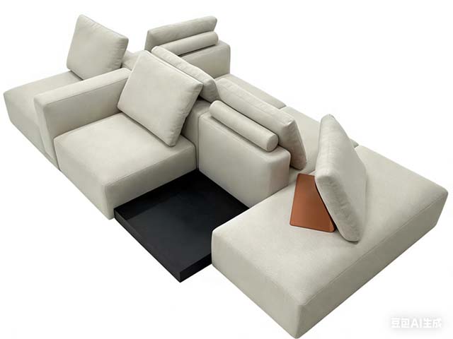 Cream Fabric L-Shaped Modular Sectional Sofa with Integrated Black Side Table