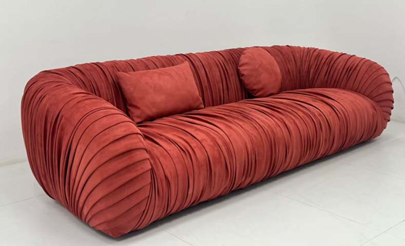 Terracotta Ruched Velvet Curved 3-Seat Sofa