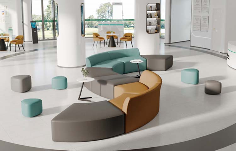 S-Curved Modular Commercial Lobby Lounge Seating Set with Ottomans and Side Tables