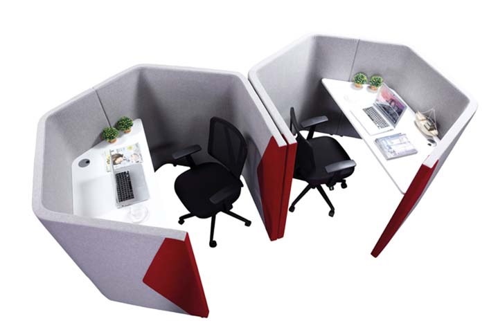 Dual Modular Single-Seat Acoustic Privacy Workstation Pod with L-Shaped Desk
