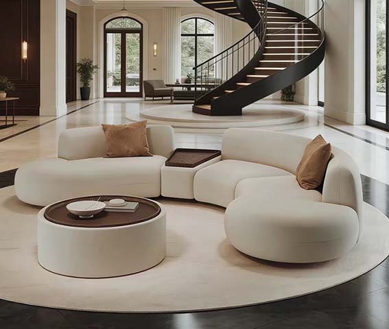 Cream Upholstered Curved Modular Sectional Sofa with Integrated Side Table and Matching Coffee Table