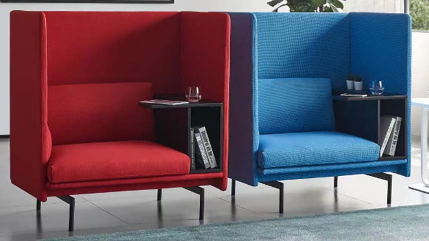 Single-Seat Acoustic Privacy Lounge Chair with Integrated Side Table and Open Storage Cubby