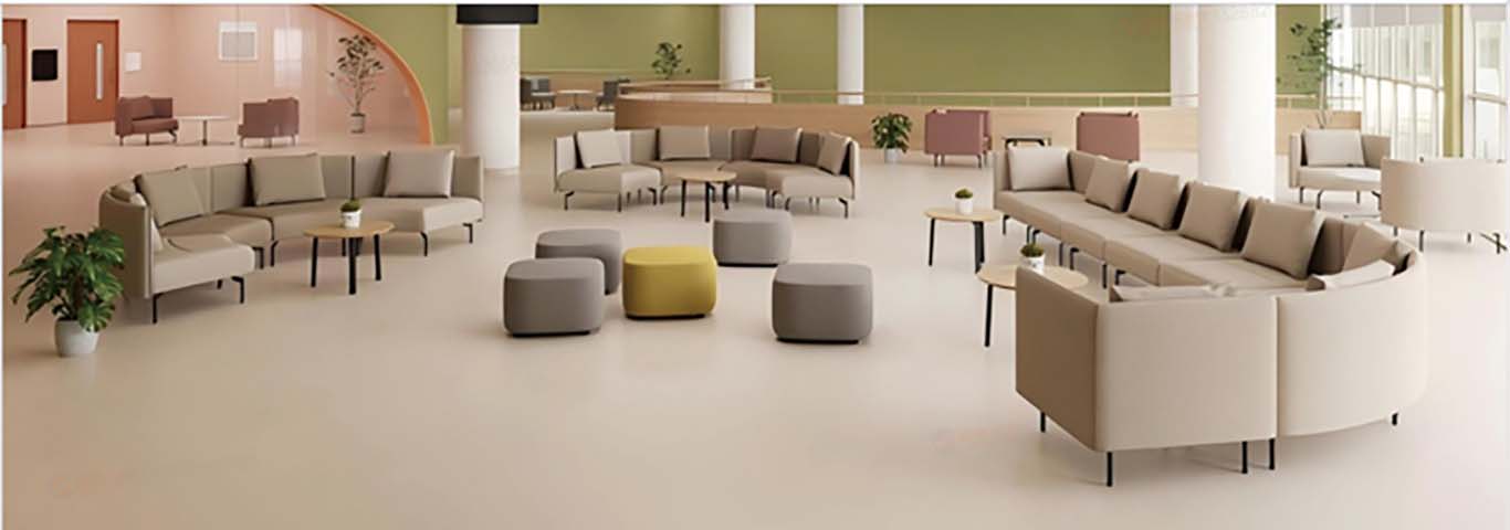 Beige Modular Curved Commercial Lounge Seating Set with Ottomans and Side Tables