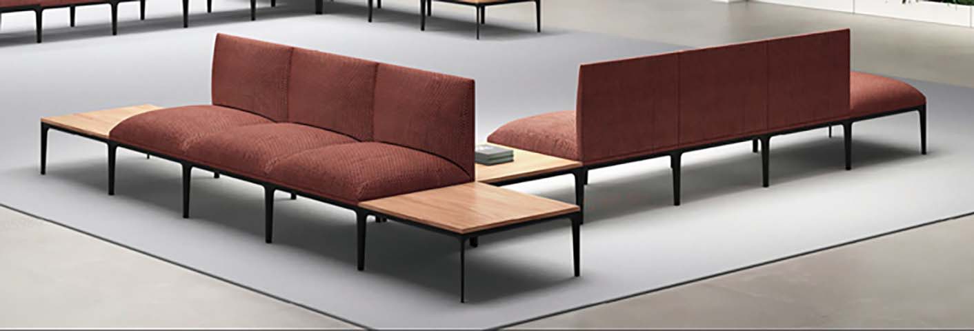 Modular Public Lounge Seating System with Integrated Light Wood Tables, Double-Sided Divider Unit, Terracotta Upholstery