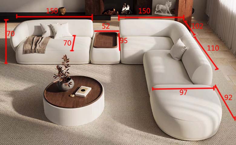 Off-White Curved Modular L-Shaped Sectional Sofa with Integrated Walnut Side Table
