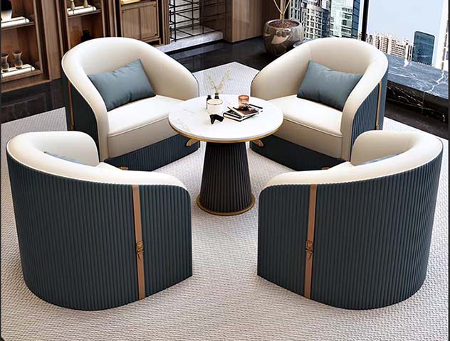 Two-Tone Fluted Barrel Lounge Seating Set with Round Pedestal Coffee Table