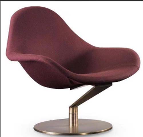 Burgundy Fabric Cantilever Swivel Lounge Chair with Brushed Bronze Disc Base