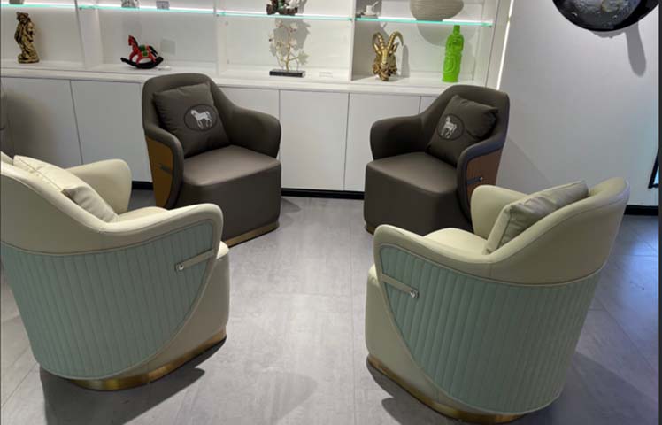 Upholstered Swivel Lounge Armchair with Contrast Stitching and Metal Base