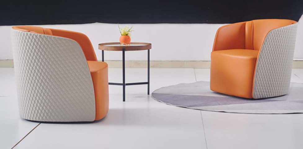 Orange-White Quilted Swivel Barrel Lounge Chair with Round Glass-Top Side Table Reception Set