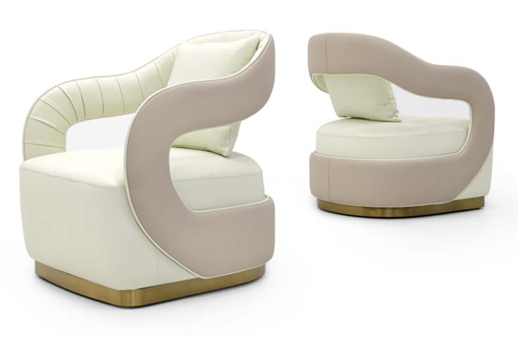 Two-Tone Curved Swivel Lounge Chair with Brushed Gold Base and Lumbar Pillow