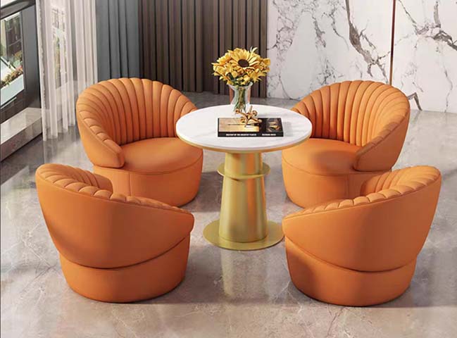 4-Piece Orange Channel-Tufted Swivel Lounge Conversation Set with Round White Stone Side Table